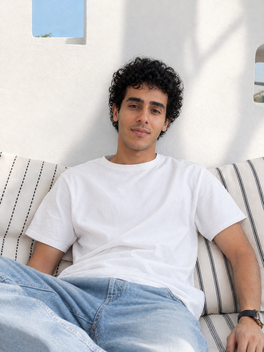 Abdallah Aboelmagd relaxing on a sofa in a white t-shirt.